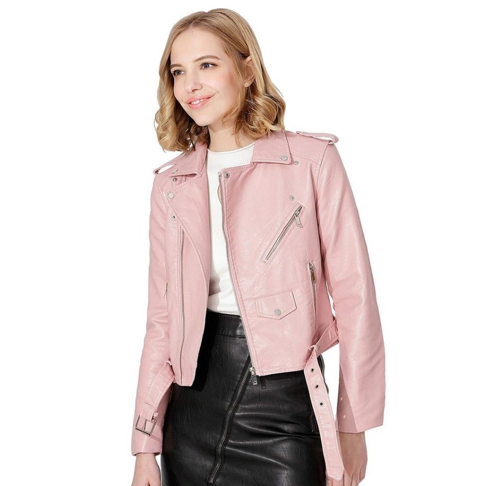 Faux Leather Textured Short Moto Jacket Zip-up Slim PU  - Pink